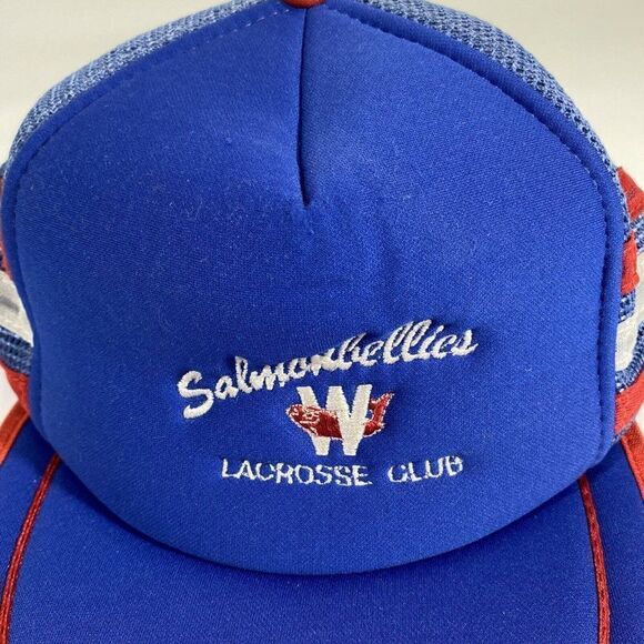 Vintage Snap Back Mesh Trucker Hat Cap Blue Red White 3 Stripes Lacrosse Club - Picture 6 of 10